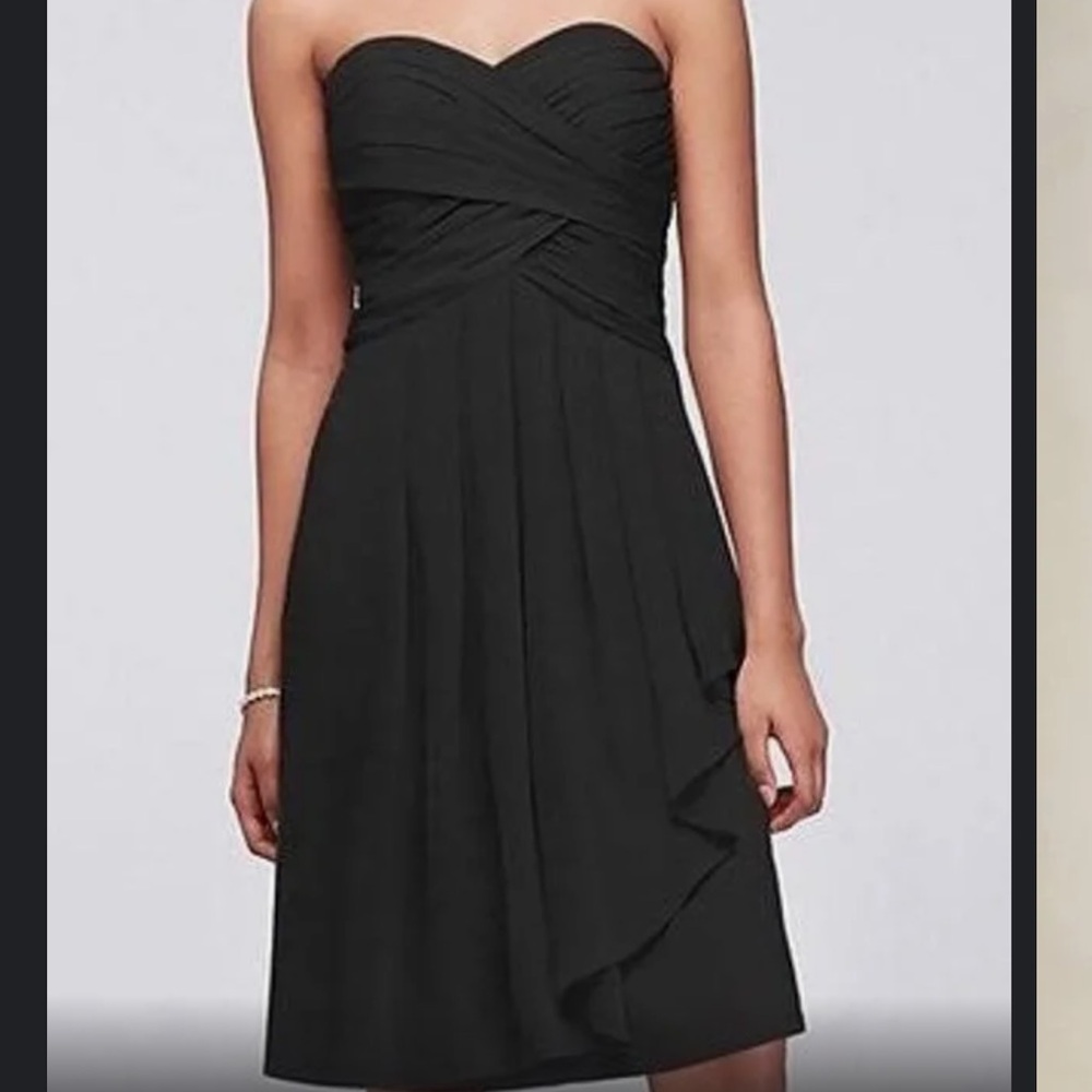 David's Bridal Short Black Strapless Crinkle Chiffon Bridesmaid Dress -Size: 8
